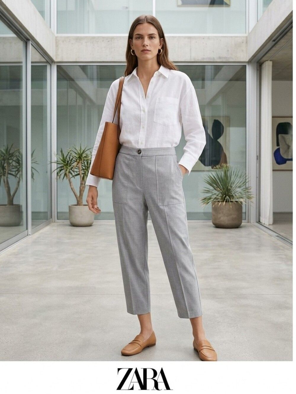 ZARA Gray High-Waisted Crop Pants Trouser with Patch Pockets XL